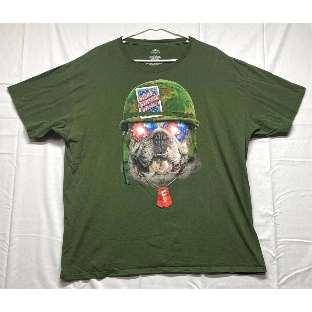 Patriotic T Shirt Mens XL Green Bulldog Stars Stripes Winning Fights War Dog